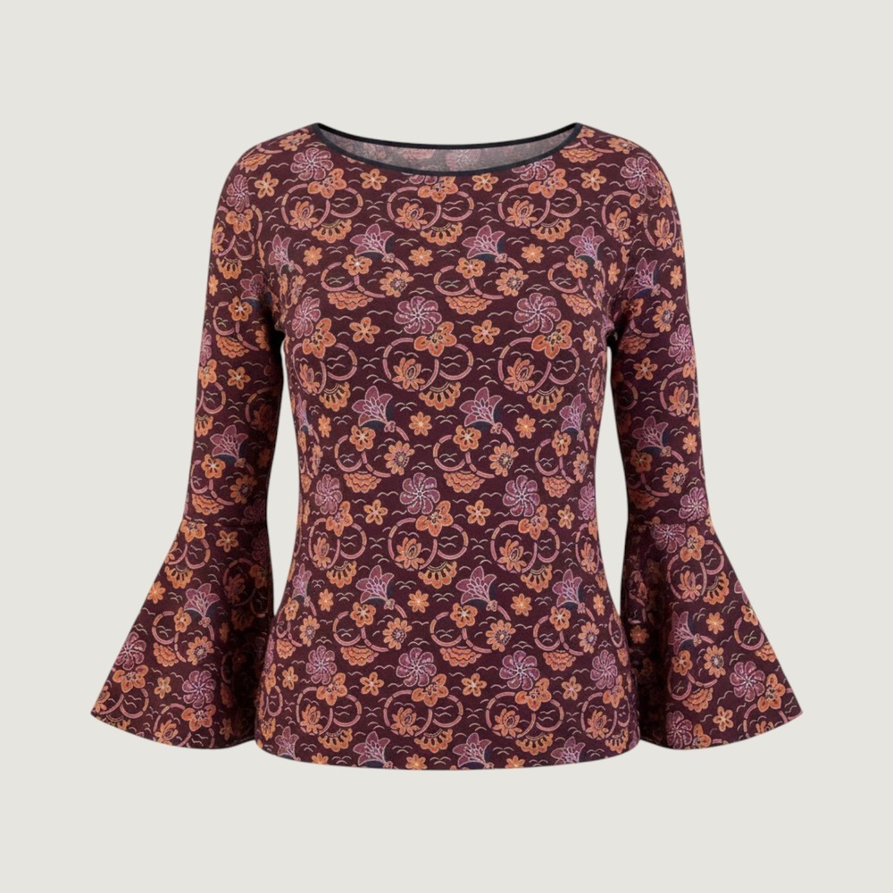 Loft Outlet Womens Floral Bell Sleeve Blouse Burgundy Orange Boho Top Medium
